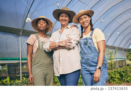 Women, farming and group portrait in greenhouse, countryside and friends with leadership, agriculture and summer. Female teamwork, happy and support in nursery, growth and agro development for plants Women, farming and group portrait in greenhouse, countryside and friends with leadership, agriculture and summer. Female teamwork, happy and support in nursery, growth and agro development for plants 137411633