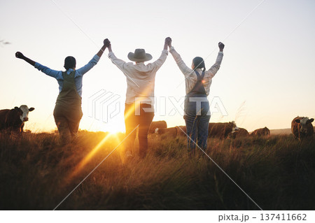 Farm, success and women back with celebration, happy and excited for cattle industry growth or development. Friends, farmer and rear view of farming team celebrating agriculture, victory or milestone 137411662