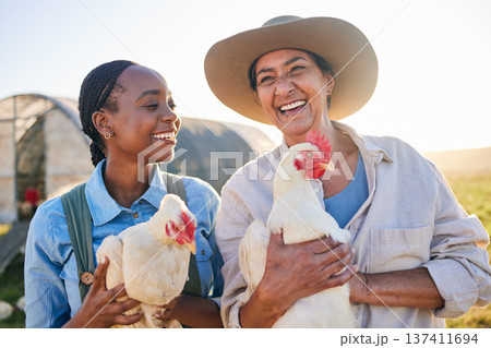 Farm, happy and women with chicken in nature, countryside or field for wellness, growth or ecology. Agriculture team, sustainable farming and people for collaboration in free range poultry production 137411694