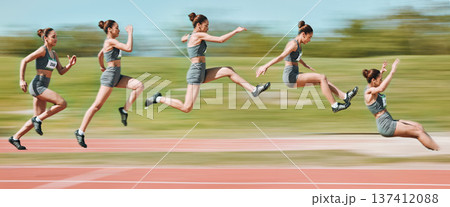 Sports, long jump and sequence of woman on race track in stadium for exercise, training and workout. Fitness, fast and female athlete in action with motion blur for challenge, competition and jumping Sports, long jump and sequence of woman on race track in stadium for exercise, training and workout. Fitness, fast and female athlete in action with motion blur for challenge, competition and jumping 137412088