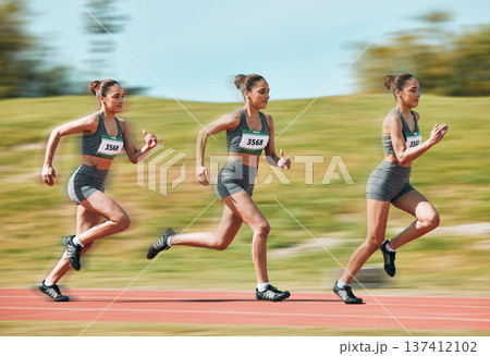 Sports, running and sequence of woman on race track in stadium for exercise, training and workout. Fitness, fast and female athlete with motion blur for speed for challenge, competition and marathon 137412102