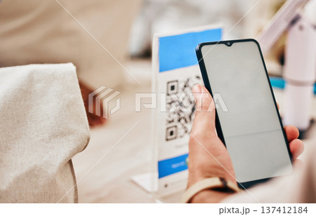 Hands, phone and store to scan qr code for payment, trading or cybersecurity with fintech, service or sale. Person, blank smartphone and mockup space for logo, promotion or branding in grocery shop 137412184