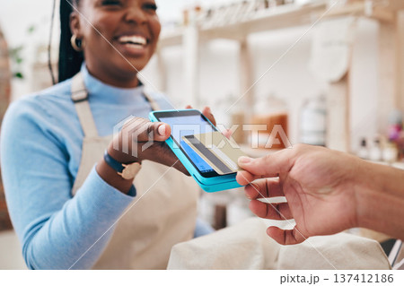 Credit card, store payment and hand with cashier, machine and transaction in a retail shop. Discount, ecommerce and shopping with electronic pay, fintech and customer with purchase and financial tech 137412186