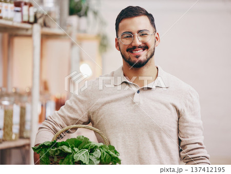 Man, shop and small business for portrait, vegetables and happy for service, help and sales with pride at company. Young entrepreneur, store and basket for product, leaves and groceries in Rome 137412195