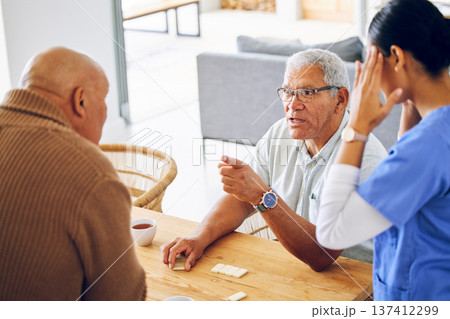 Senior people, conflict and nurse with stress or headache from working with elderly men or woman with burnout or migraine. Tired, frustrated or caregiver with fight or argument in nursing home 137412299