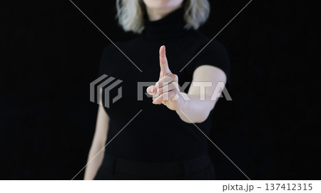 The index finger of the hand points upwards which means carefully, attentively. 137412315