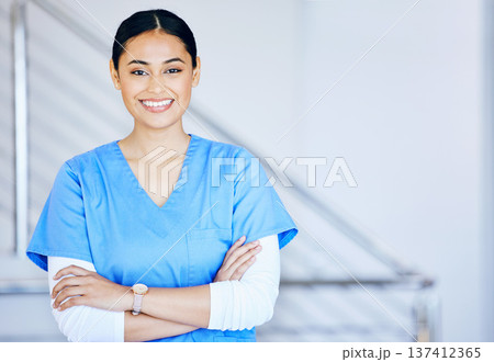 Portrait, nurse and woman with arms crossed, smile and career with healthcare, surgeon and expert in a hospital. Person, medical professional and physician in a clinic, wellness and life insurance 137412365