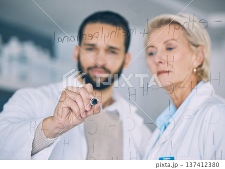 Hand, science and research team writing on glass in the laboratory for planning or study. Healthcare, medical and scientist doctors in a lab together for formula development of future innovation Hand, science and research team writing on glass in the laboratory for planning or study. Healthcare, medical and scientist doctors in a lab together for formula development of future innovation 137412380