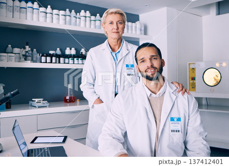 Portrait, science and a team of doctors in a laboratory for research or innovation in medicine breakthrough. Teamwork, healthcare or medical with a confident man and woman scientist in a hospital lab 137412401