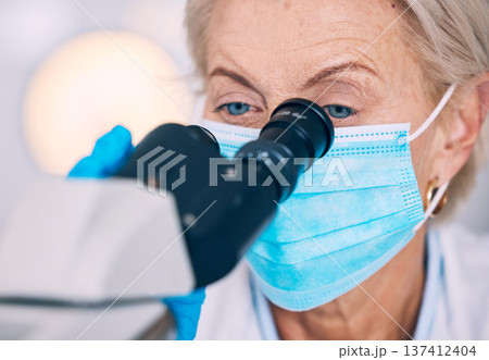 Mask, research and woman with a microscope, science and studying virus with experiment, check results and cure for bacteria. Person, scientist or researcher with lab equipment, face cover and vaccine 137412404