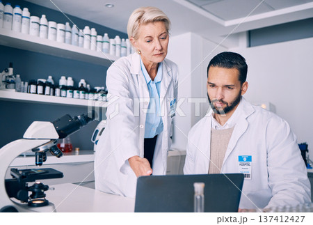 Scientist, mentor and training on computer for research, data analysis and laboratory report in pharmaceutical solution. Science or medical woman and man with teamwork and medicine support on laptop Scientist, mentor and training on computer for research, data analysis and laboratory report in pharmaceutical solution. Science or medical woman and man with teamwork and medicine support on laptop 137412427