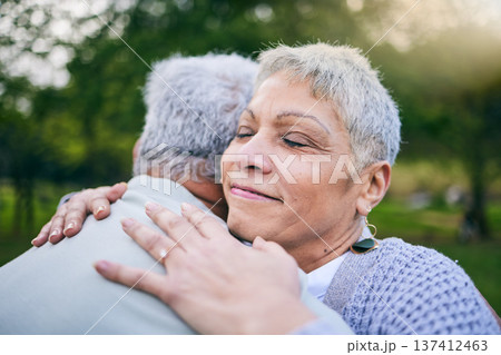 Senior couple, happy and hug at park with love, care and bonding for trust, support and wellness outdoor. Elderly man, woman and embrace in nature for healthy relationship, connection and together Senior couple, happy and hug at park with love, care and bonding for trust, support and wellness outdoor. Elderly man, woman and embrace in nature for healthy relationship, connection and together 137412463