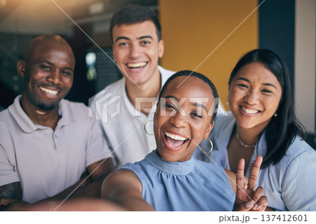 Work selfie, portrait and business people with a peace sign for office teamwork and company friends. Smile, corporate and diversity with employees taking a photo together for happiness and bonding 137412601