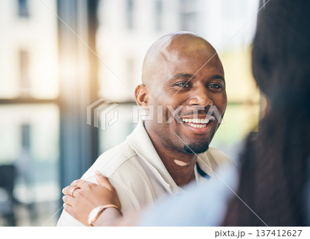 Support, businessman and woman with hand on shoulder in care, kindness and empathy at work together. Teamwork, gratitude and smile, motivation for happy black man and manager in office collaboration. Support, businessman and woman with hand on shoulder in care, kindness and empathy at work together. Teamwork, gratitude and smile, motivation for happy black man and manager in office collaboration. 137412627