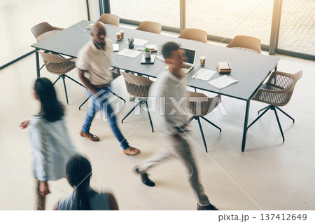 Above, busy office and fast walking business people for corporate career, moving and speed. Blur, morning and diversity of employees in the workplace together for a professional company in motion Above, busy office and fast walking business people for corporate career, moving and speed. Blur, morning and diversity of employees in the workplace together for a professional company in motion 137412649