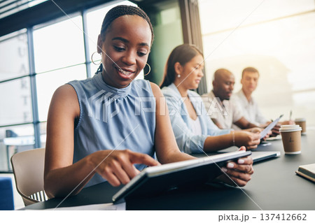 Business woman, meeting and tablet for planning, website information and agenda, FAQ or marketing research. Professional people or employees scroll or typing on digital technology for startup project Business woman, meeting and tablet for planning, website information and agenda, FAQ or marketing research. Professional people or employees scroll or typing on digital technology for startup project 137412662