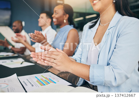 Business people, hands and applause, presentation and team with strategy meeting, seminar and paperwork. Conference, corporate group are clapping and audience, support and success with analytics Business people, hands and applause, presentation and team with strategy meeting, seminar and paperwork. Conference, corporate group are clapping and audience, support and success with analytics 137412667