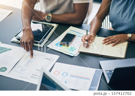 Above, meeting and business people planning a marketing strategy, report and employees review data in office. Teamwork, project and group in analysis of financial opportunity in Mexico workspace 137412702