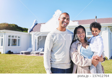 Happy family, portrait and real estate in property, investment or moving in new home together. Father, mother and child smile in happiness for buying house, building finance or outdoor mortgage loan 137412764