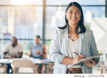 Portrait of Asian woman in office with tablet, smile and leadership in business meeting in professional space. Workshop, management and happy businesswoman with digital device, mockup and confidence. Portrait of Asian woman in office with tablet, smile and leadership in business meeting in professional space. Workshop, management and happy businesswoman with digital device, mockup and confidence. 137412790