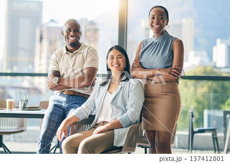 Team in portrait, meeting and diversity with happy people in the workplace together, mission and community. Business, corporate group and professional office, trust and support, smile and coworking 137412801