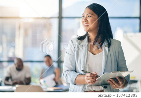 Asian woman in office with clipboard, smile and leadership with business meeting schedule in professional space. Workshop, management and happy businesswoman with checklist, mockup and confidence. 137412805