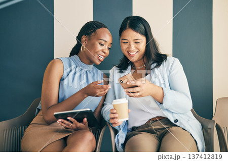 Phone, tablet and business women online in office for social media post, internet and website. Work friends, happy and workers on smartphone reading news, blog and laugh at meme on coffee break 137412819