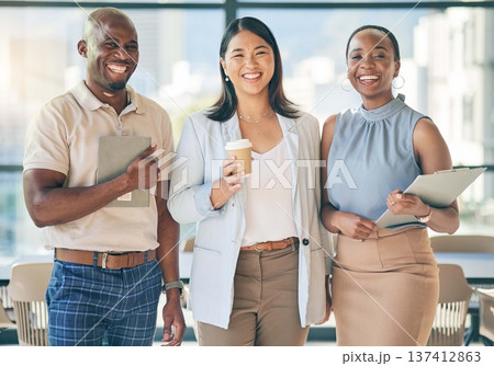 Smile, happy and portrait of business people in the office with confidence and collaboration. Young, career and face headshot of professional team of creative employees standing in a modern workplace 137412863