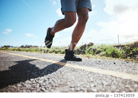 Legs, workout and runner in road, fitness and exercise in nature for marathon, wellness and cardio with shoes. Sport, person in street and outdoors running for speed achievement, race and training Legs, workout and runner in road, fitness and exercise in nature for marathon, wellness and cardio with shoes. Sport, person in street and outdoors running for speed achievement, race and training 137413059