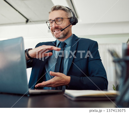Senior, happy man and call center with headphones consulting in customer service or telemarketing at office. Mature businessman, consultant or agent smile in online advice, help or contact us at desk Senior, happy man and call center with headphones consulting in customer service or telemarketing at office. Mature businessman, consultant or agent smile in online advice, help or contact us at desk 137413075