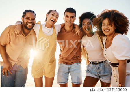 Beach sunset, portrait and happy friends hug, laughing and enjoy travel vacation, summer freedom or funny joke. Nature reunion, group solidarity and diversity people smile, embrace and happy on trip Beach sunset, portrait and happy friends hug, laughing and enjoy travel vacation, summer freedom or funny joke. Nature reunion, group solidarity and diversity people smile, embrace and happy on trip 137413090