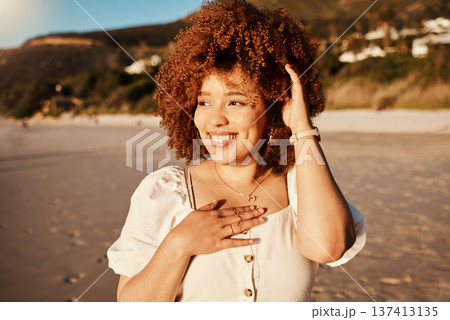 Beach, smile and face of woman on holiday, tropical island at sunset and freedom to relax. Nature, blue sky and happy girl on ocean vacation, adventure and outdoor summer travel at sea in Hawaii. Beach, smile and face of woman on holiday, tropical island at sunset and freedom to relax. Nature, blue sky and happy girl on ocean vacation, adventure and outdoor summer travel at sea in Hawaii. 137413135