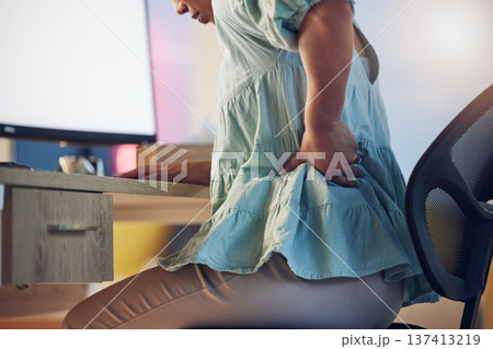 Business, computer and woman in office with back pain, arthritis or posture problem with mockup screen. Burnout, crisis and female designer online with fibromyalgia, ache or spine tension with space Business, computer and woman in office with back pain, arthritis or posture problem with mockup screen. Burnout, crisis and female designer online with fibromyalgia, ache or spine tension with space 137413219