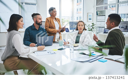 Business people, manager presentation and planning, teamwork or discussion for project proposal or marketing. Professional boss and group of men and women talking, questions and design collaboration Business people, manager presentation and planning, teamwork or discussion for project proposal or marketing. Professional boss and group of men and women talking, questions and design collaboration 137413241