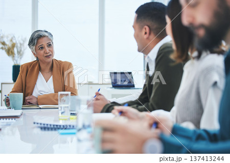 CEO, mature woman or business people in meeting planning in discussion with vision or mission together. Collaboration, leadership or mentor talking about project ideas in agency to team of employees 137413244