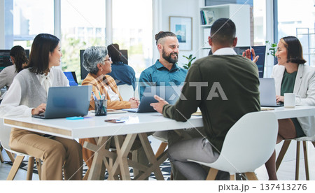 Planning, talking and business people in a meeting, brainstorming or conversation for new project, teamwork or laptop. Technology, men or women with ideas, cooperation or partnership with negotiation 137413276