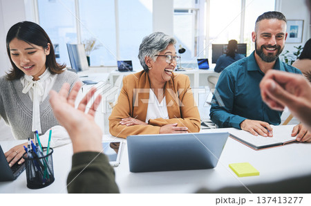 Planning, funny and business people in a meeting, collaboration or conversation with teamwork, smile or laptop. Technology, men or women with ideas, cooperation or partnership with company growth Planning, funny and business people in a meeting, collaboration or conversation with teamwork, smile or laptop. Technology, men or women with ideas, cooperation or partnership with company growth 137413277