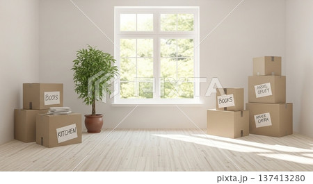引っ越し直後の段ボール箱とソファがある明るいリビング空間 137413280
