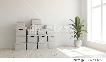 引っ越し直後の段ボール箱とソファがある明るいリビング空間 137413288