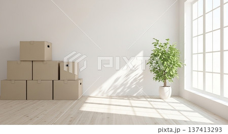 引っ越し直後の段ボール箱とソファがある明るいリビング空間 137413293
