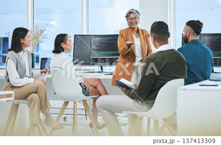 Business people, manager and employee with feedback, programming and conversation with trading, coaching and mentor. Teamwork, supervisor or staff with pc, coding or programmer with support or advice 137413309