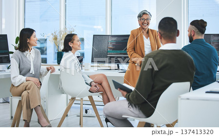 Teamwork, planning and programmer with business people in office for coding, developer or information technology. Meeting, code review and feedback with employees in digital agency for cybersecurity 137413320
