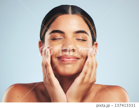 Skincare, wellness and hand on face of woman in studio for cosmetology, cleaning and results on grey background. Happy, beauty and female model with cosmetic, treatment and self love satisfaction Skincare, wellness and hand on face of woman in studio for cosmetology, cleaning and results on grey background. Happy, beauty and female model with cosmetic, treatment and self love satisfaction 137413331