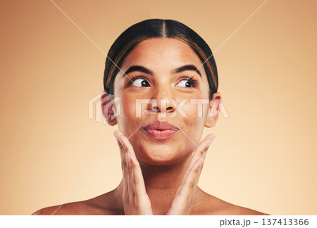 Woman, skin and beauty with thinking, surprise and studio for cosmetics, natural glow or results by background. Girl, model and facial change with ideas, hands and healthy shine for clean aesthetic 137413366