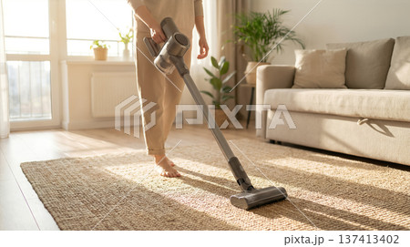Person vacuums carpet in bright living room with sunlight coming through windows. Indoor setting features plants and cozy couch. Concept of home cleaning, interior design, housekeeping. 137413402
