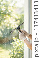 Person cleans window with squeegee in bright setting. Sunlight shines through, revealing green scenery outside. Concept of home cleaning, window care, residential services. 137413413