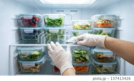Hand wearing glove arranges clear containers filled with colorful vegetables and fruits in refrigerator. Clean kitchen setting, organized space. Concept of meal prep, health food, cooking. Hand wearing glove arranges clear containers filled with colorful vegetables and fruits in refrigerator. Clean kitchen setting, organized space. Concept of meal prep, health food, cooking. 137413426