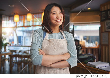 Smile, thinking and arms crossed with an asian woman in a restaurant working as a waitress for service. Hospitality, happy and idea with a young employee in a chinese eatery for local cuisine Smile, thinking and arms crossed with an asian woman in a restaurant working as a waitress for service. Hospitality, happy and idea with a young employee in a chinese eatery for local cuisine 137413458