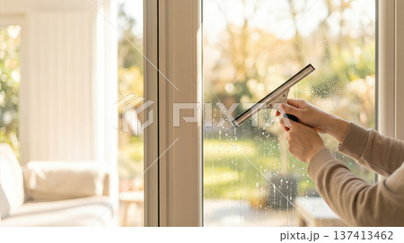 Person uses squeegee to clean glass window in living room with a view of greenery outside. Clear sunlight shines in through window. Concept of cleaning, home improvement, interior design. Person uses squeegee to clean glass window in living room with a view of greenery outside. Clear sunlight shines in through window. Concept of cleaning, home improvement, interior design. 137413462
