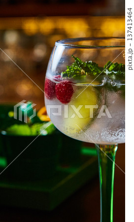 Cocktail experience featuring chilled gin and tonic with raspberries, mint, and lime Cocktail experience featuring chilled gin and tonic with raspberries, mint, and lime 137413464